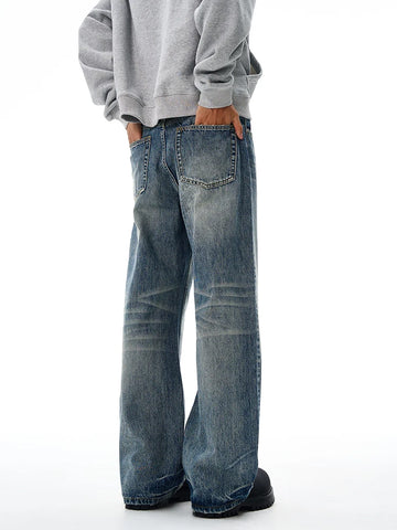 Vintage Wash Men's Loose Jeans American Cleanfit High Street Micro Flared Trousers Autumn Fashion Casual Wide-leg Denim Pants